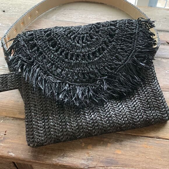 Black belted bohemian boho bag small medium Fanny pack belt bag straw